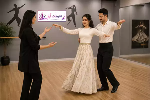 تمرین رقص ایرانی عروس و داماد با مربی برای هماهنگی حرکات